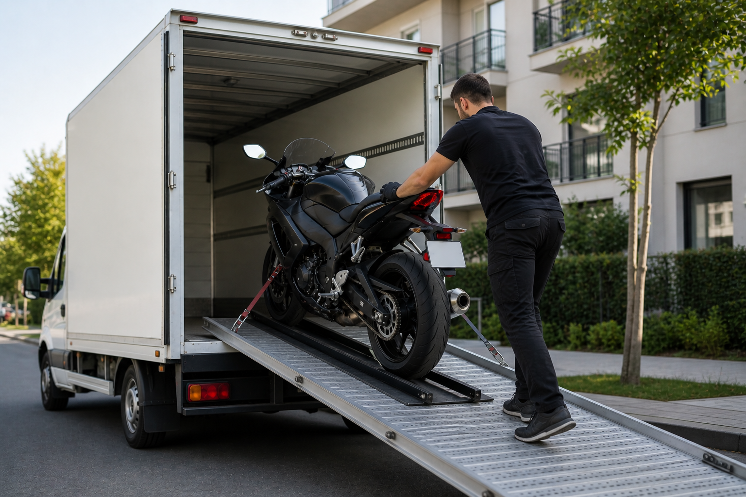 Motorcycle being loaded into a vehicle transport truck